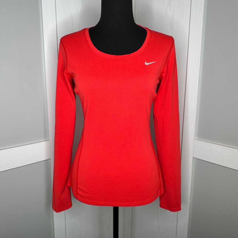 Nike Women's Long Sleeve Scoop Neck Tee - Red with White Swoosh